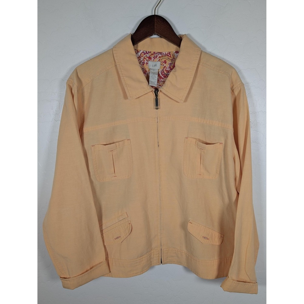 J Jill Jacket Womens XL Peach Zip Up Linen Cotton Pockets Paisley Lining Spring